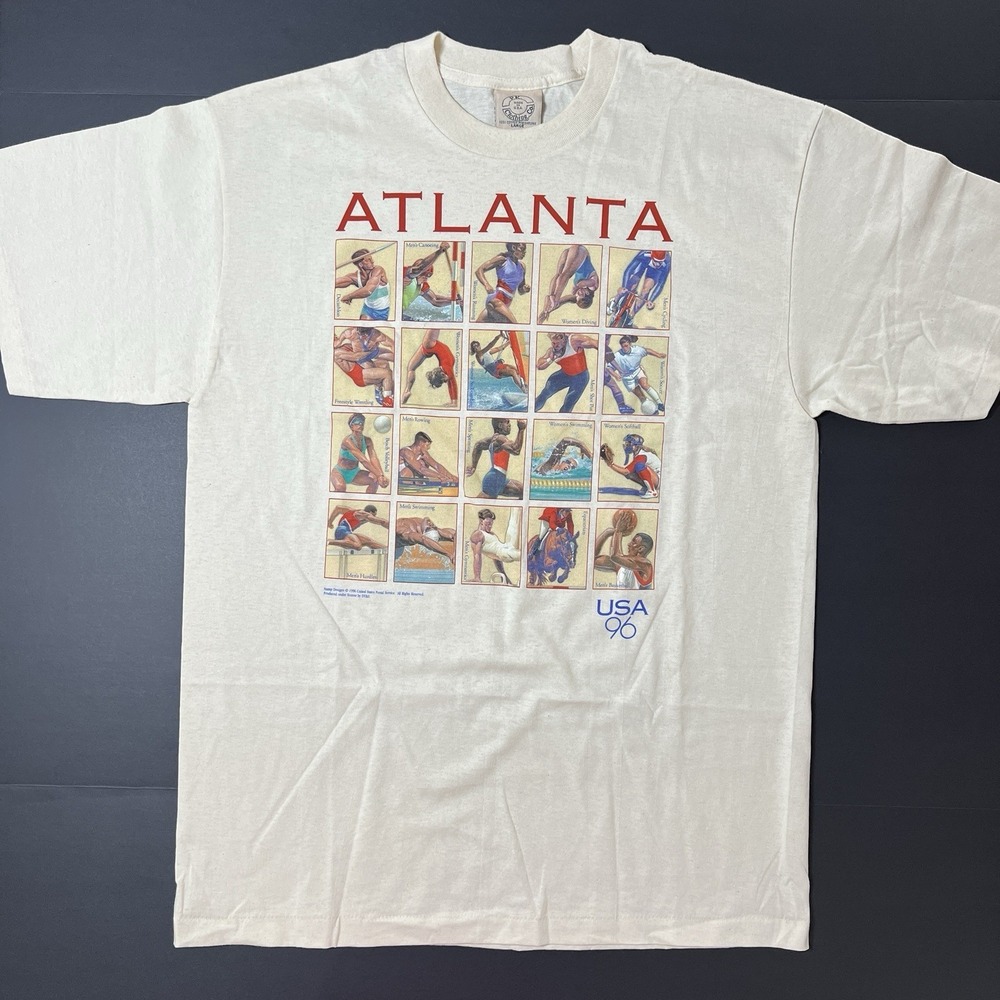 Vintage 1996 Atlanta Olympics USPS Stamps Graphic TShirt Size L Single Stitch